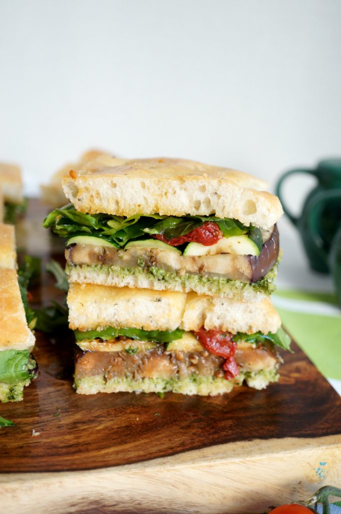 vegan grilled veggie focaccia sheet pan sandwiches - The Baking Fairy