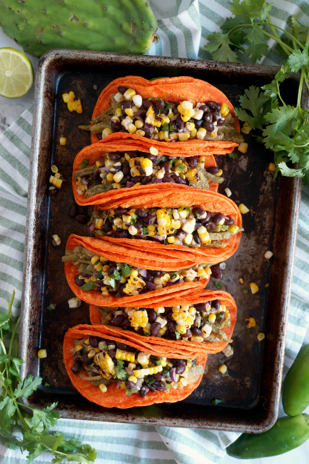 vegan nopales tacos with charred corn and black bean salsa