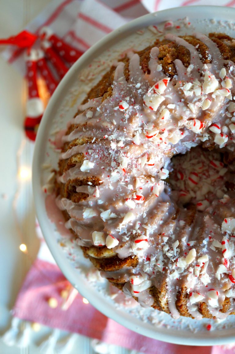 vegan white chocolate peppermint crunch bundt cake - The Baking Fairy