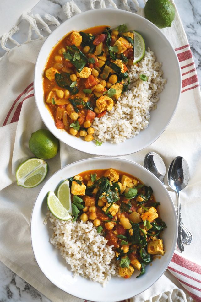 vegan chickpea curry with tofu and spinach - The Baking Fairy