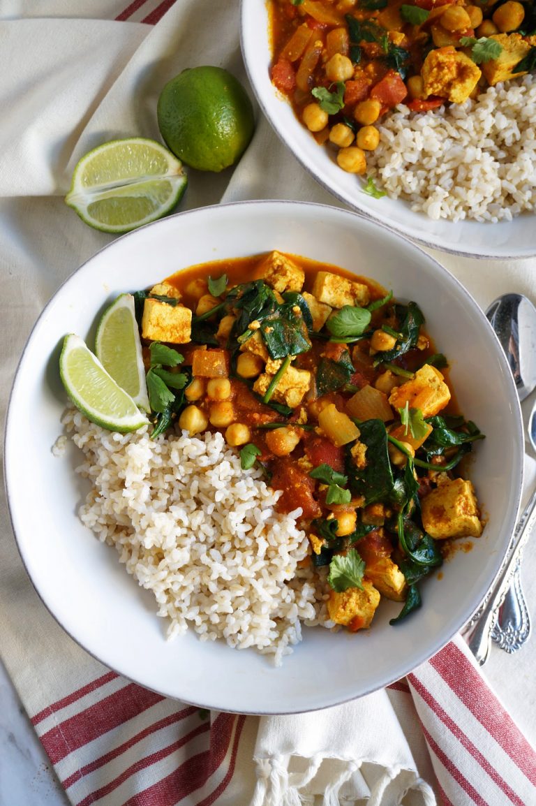vegan chickpea curry with tofu and spinach - The Baking Fairy