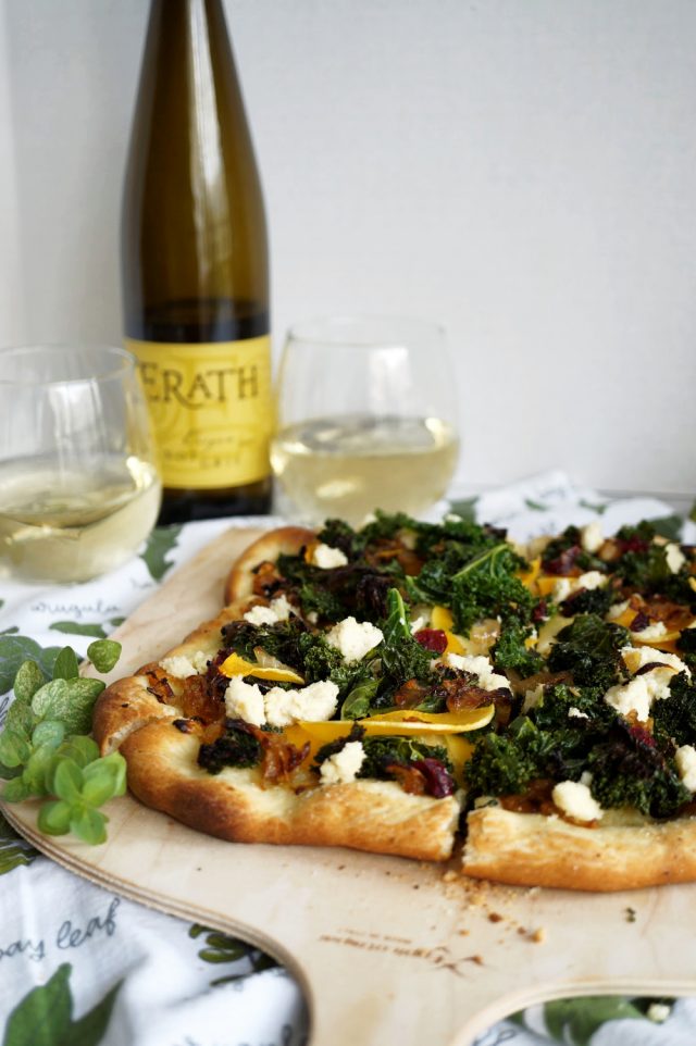 vegan kale and butternut squash pizza with almond ricotta